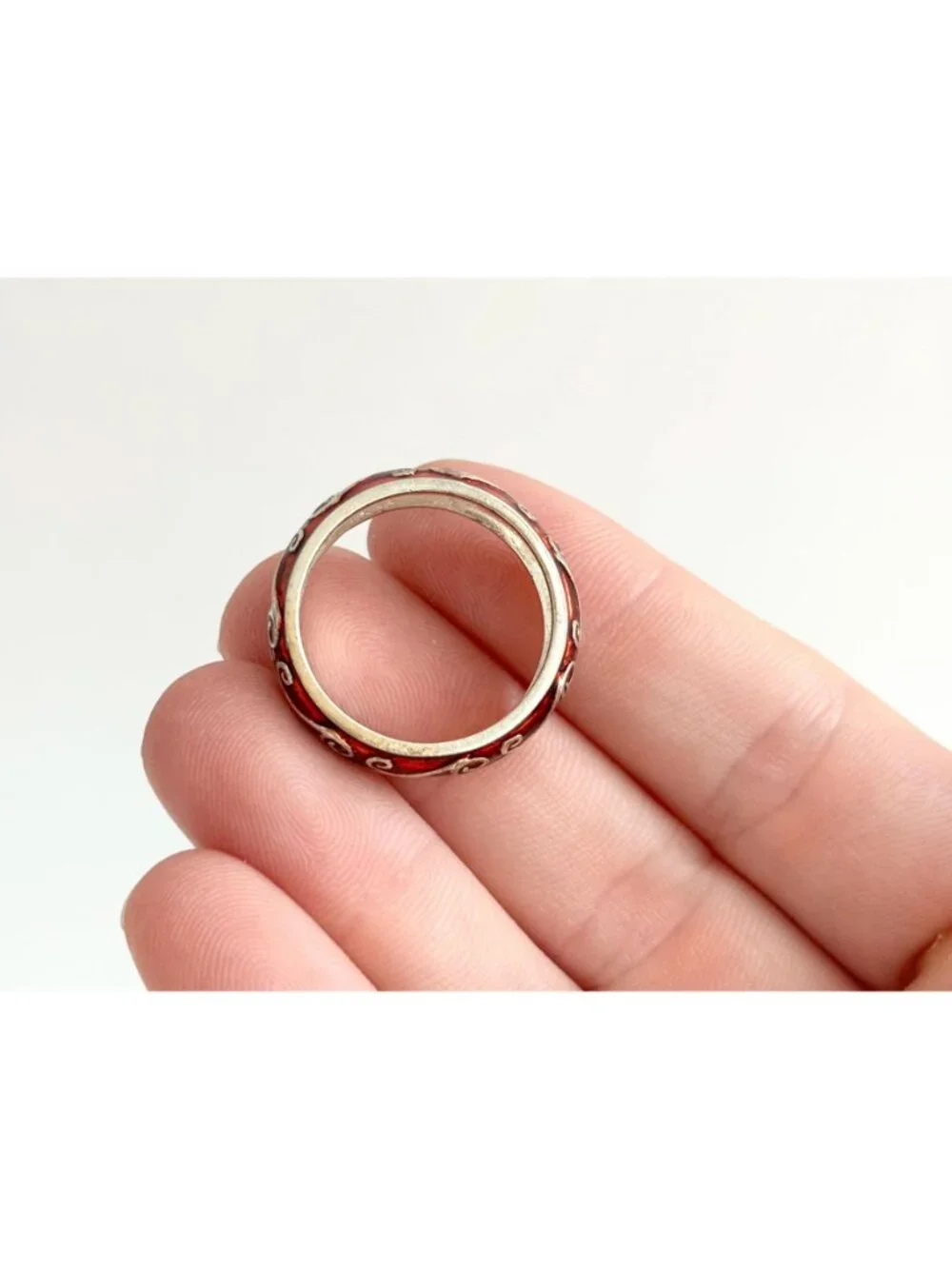 Orange Enamel Art Nouveau Inspired Sterling Silver 925 Vintage Ring - sz 9.75